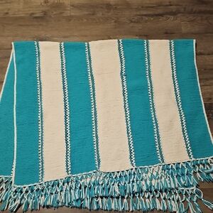 VINTAGE 60's Turquoise White Striped Blanket Fringe Knit Throw Home Decor RETRO